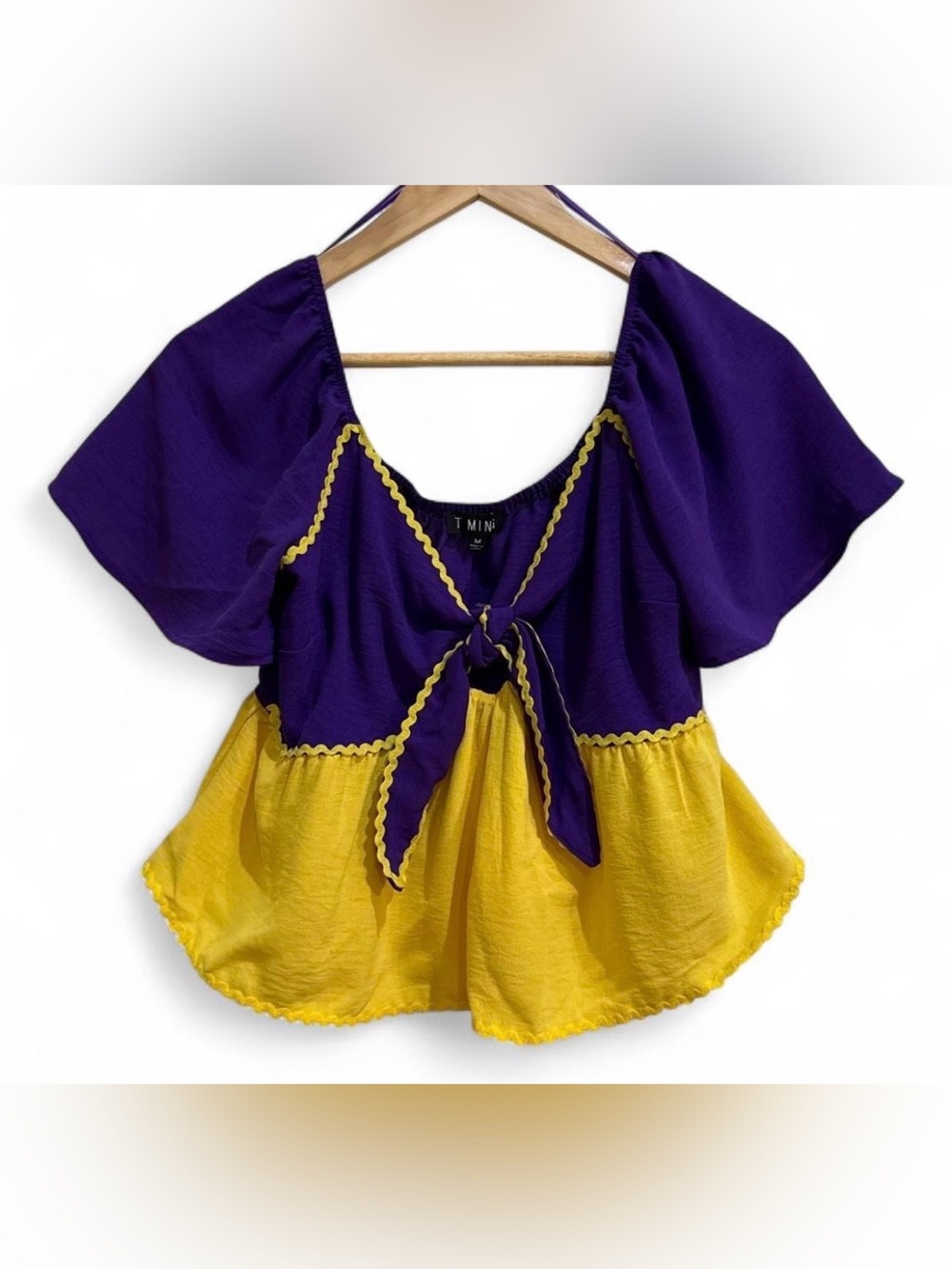 LSU Tigers purple & gold top with tie & ruffles